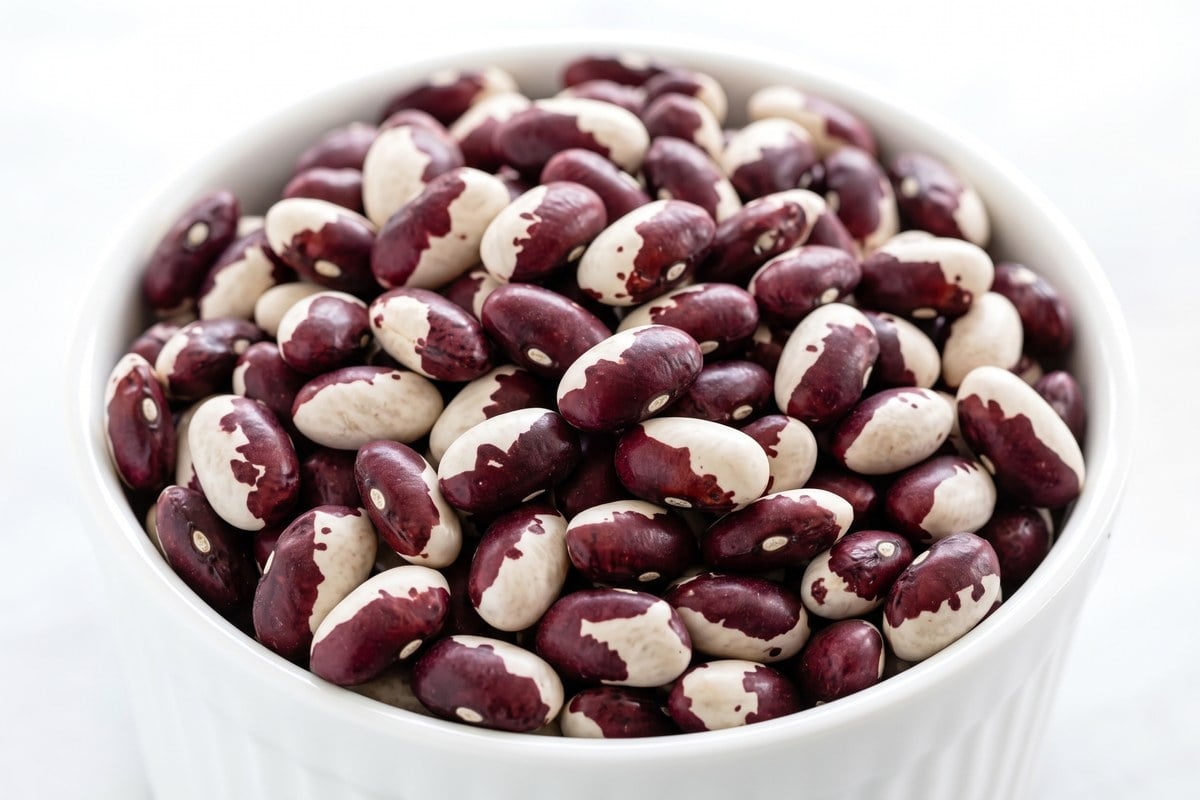 White bowl filled with dried burgundy and white Anasazi beans.