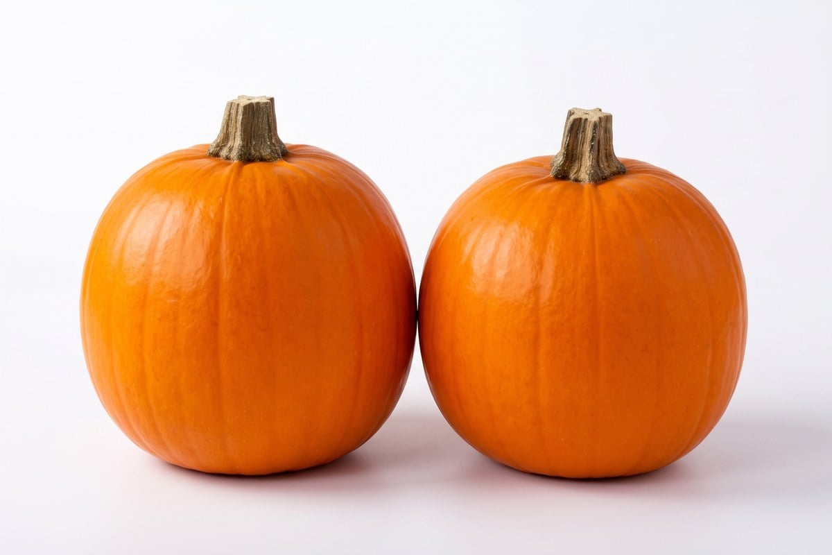 Two slightly oval, classic orange Hybrid Pam pumpkins with smooth skin and sturdy stems.