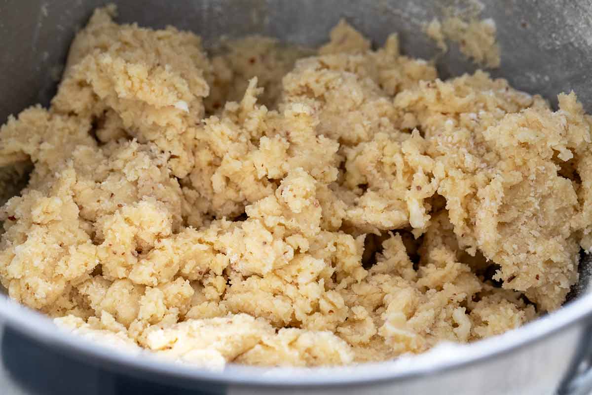 Dough made in a stand mixer bowl.