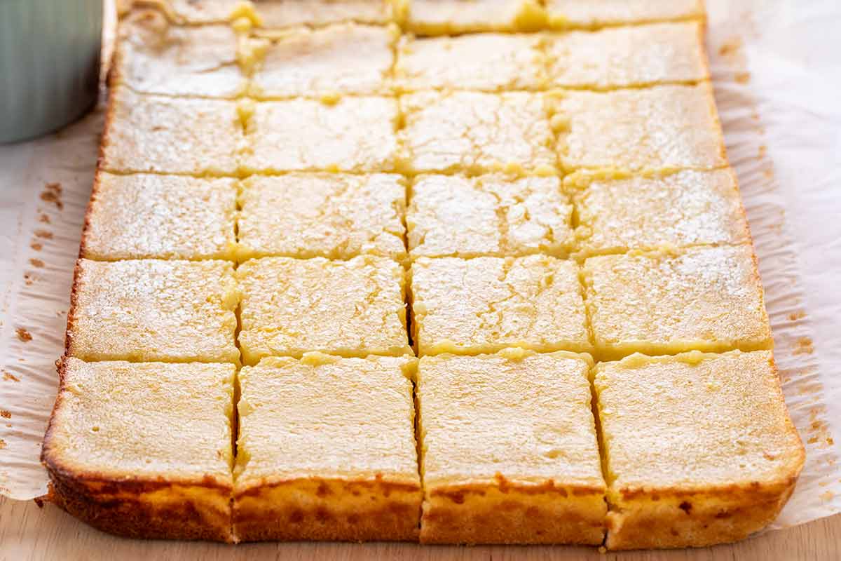 Lemon bars cut into squares.