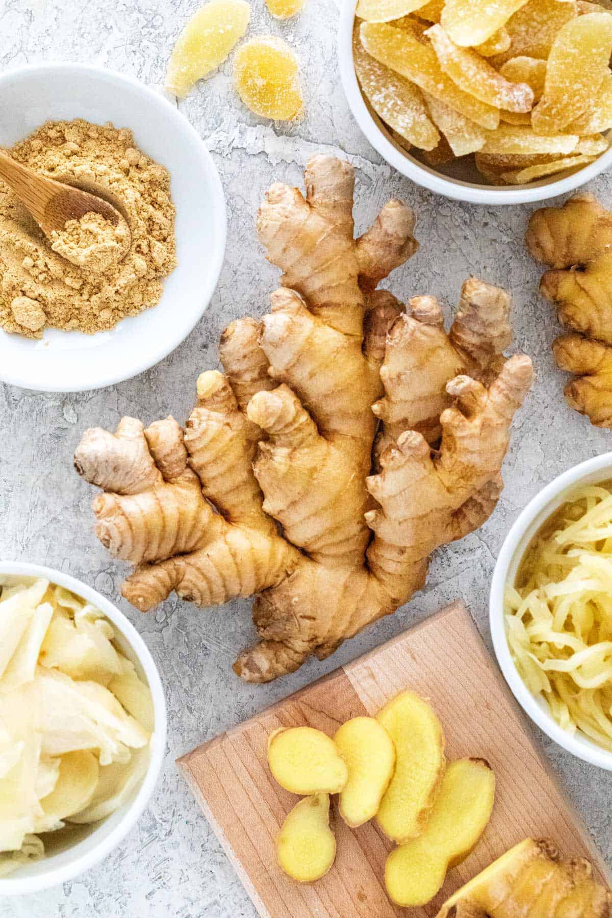 Several different types of ginger spread out on a table