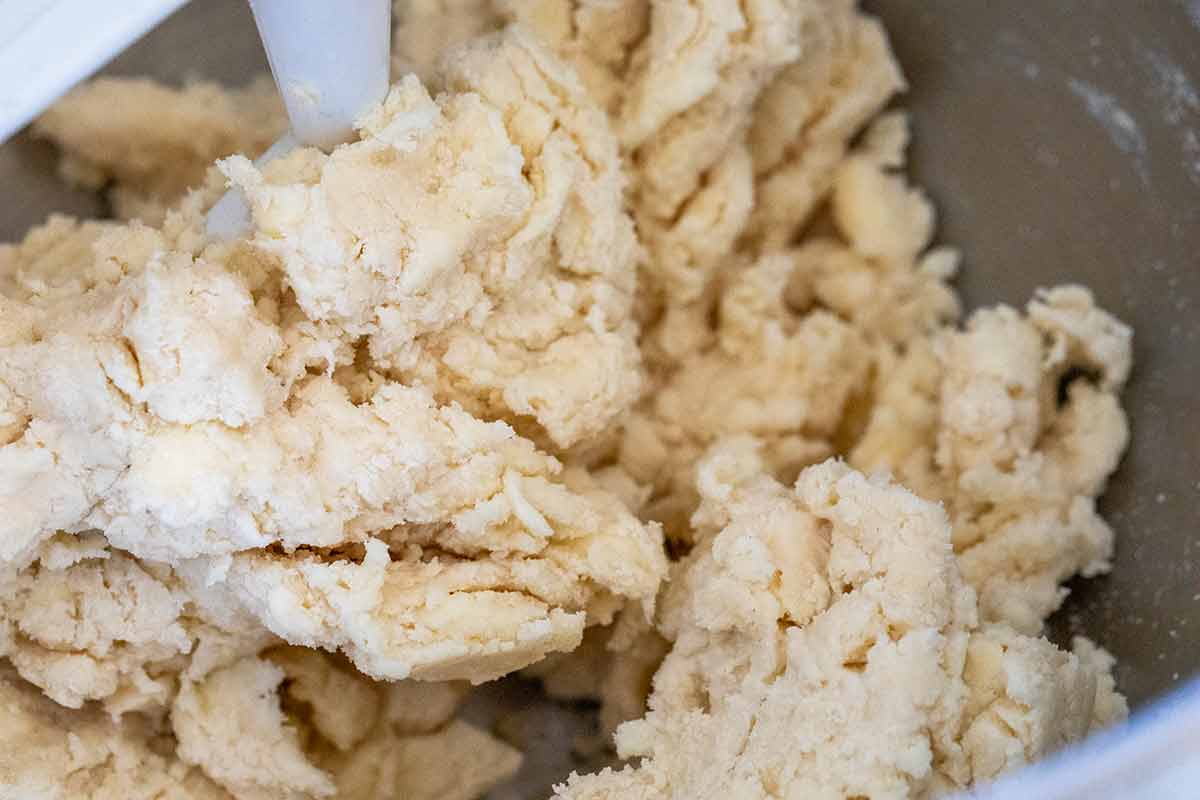 Raw hydrated pie dough in a mixer bowl.