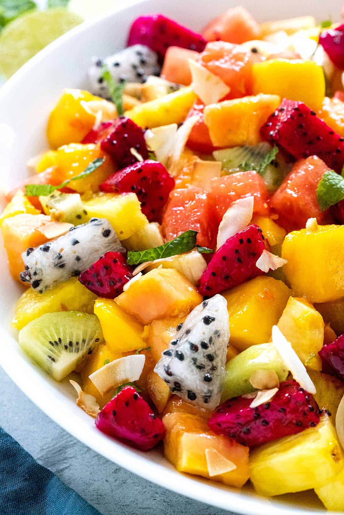 Tropical fruit salad with dragon fruit, mango, kiwi and more.