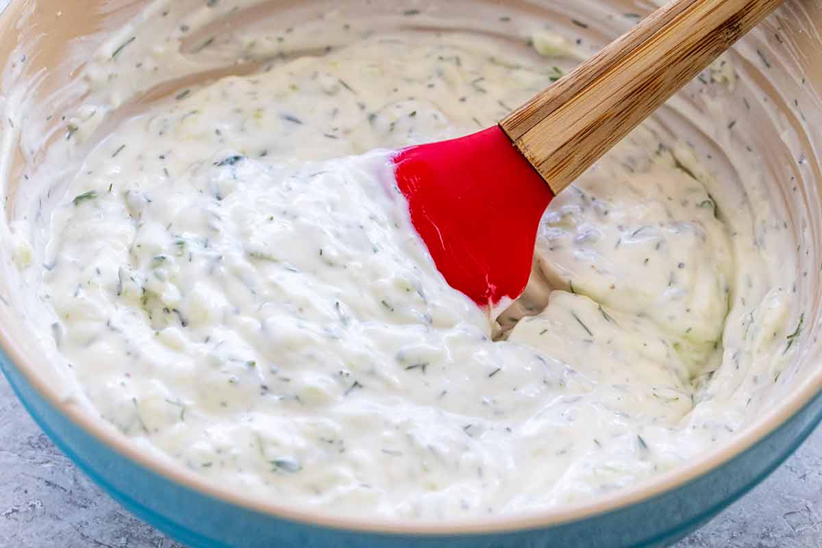 Homemade tzatziki in a bowl.