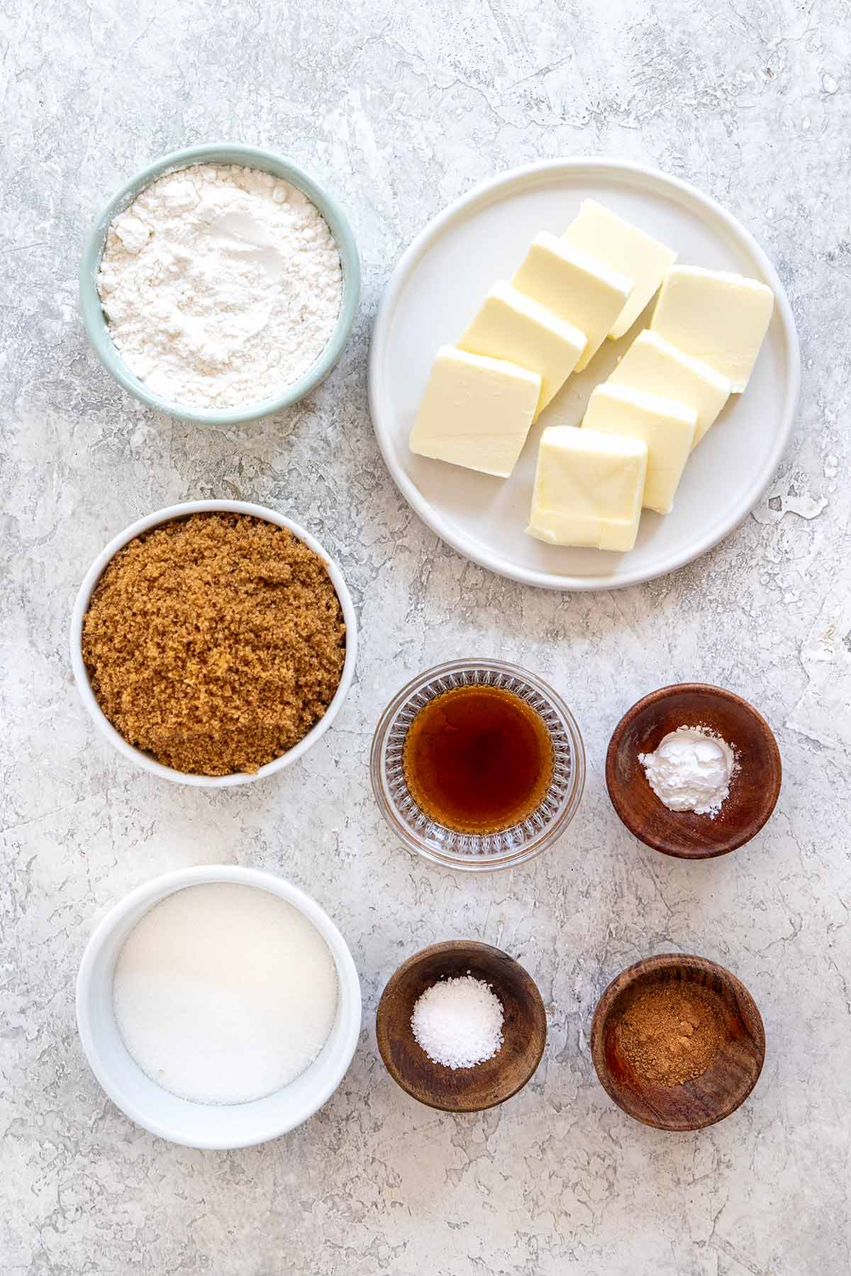 Ingredients for crumble topping: flour, butter, brown sugar, granulated sugar, vanilla, baking powder, salt, and cinnamon.