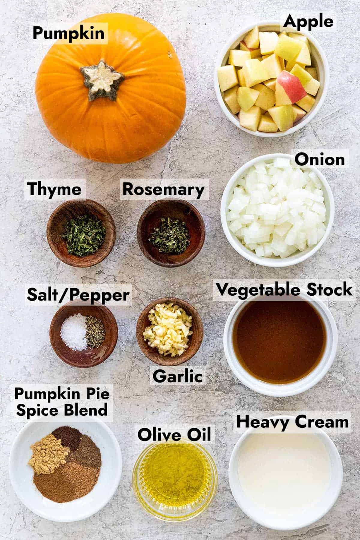 Ingredients to make a pumpkin soup.