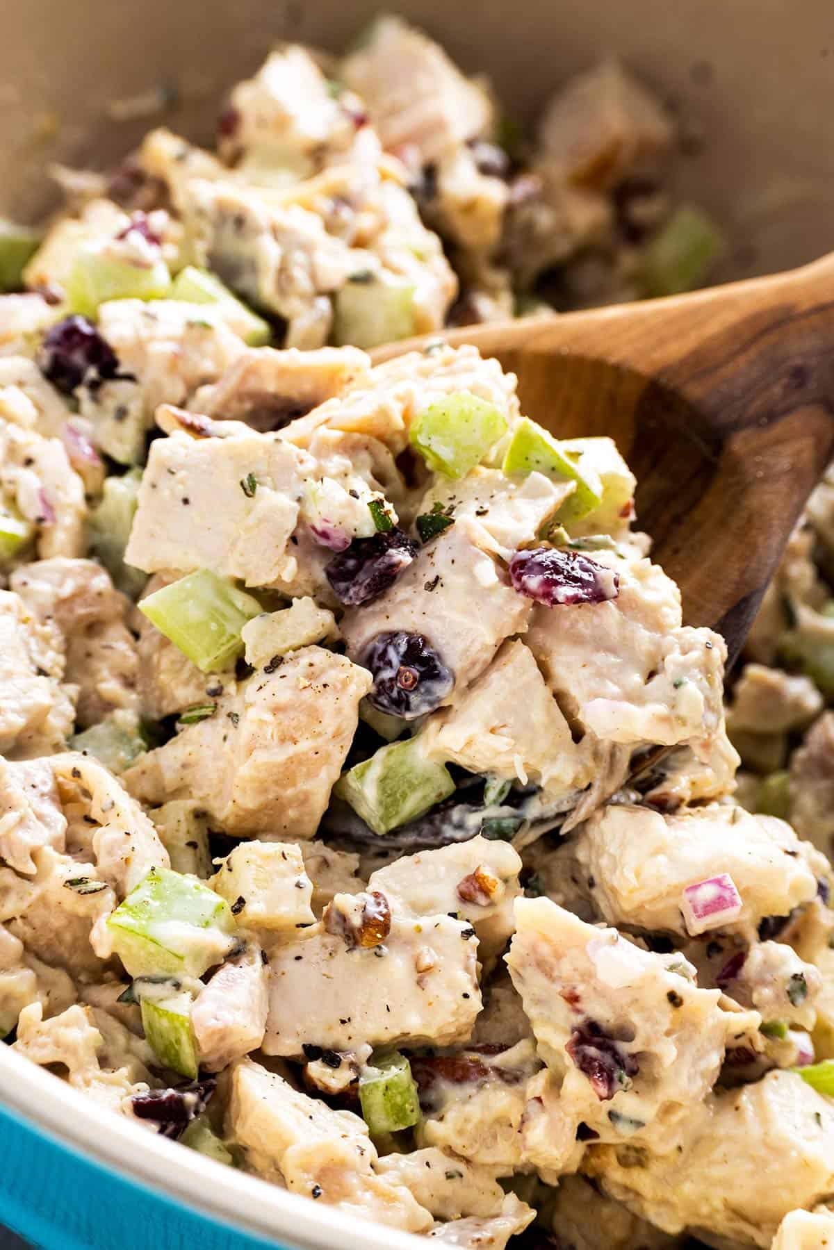 Cubes of turkey mixed with mayo and veggies.
