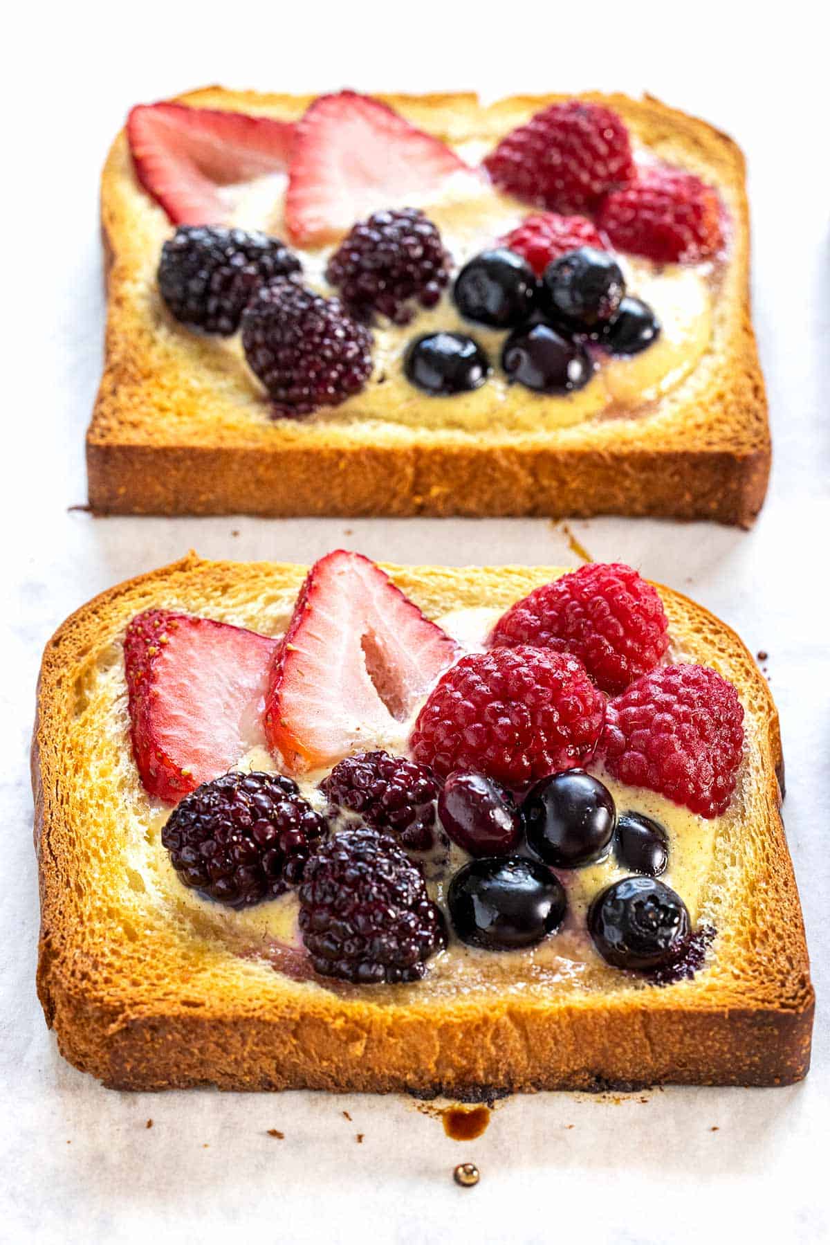 Crispy toast edges from being baked.