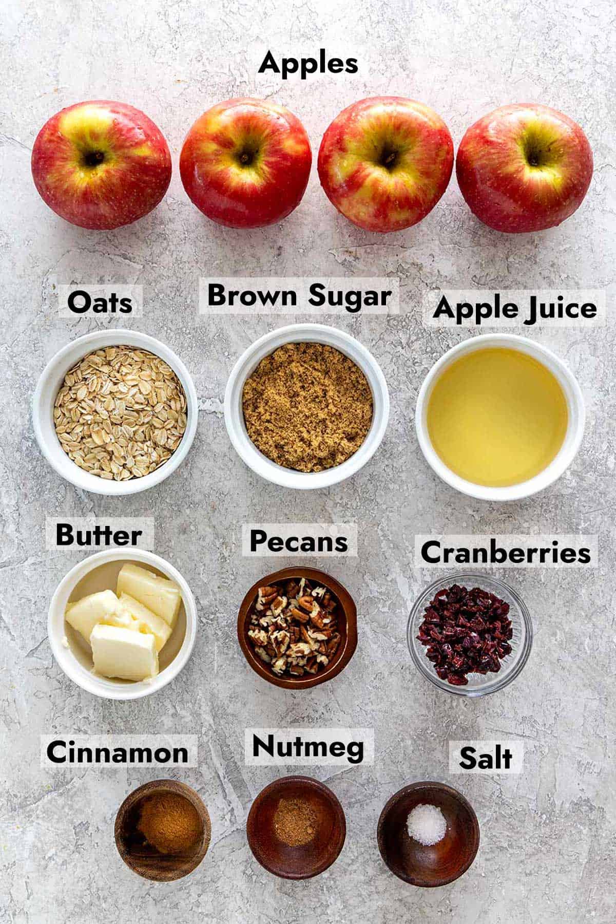 Ingredients spread out and labelled to make baked apples.