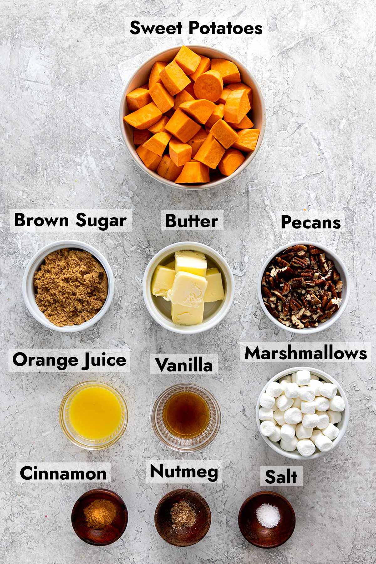 Ingredients needed to make this slow cooker sweet potato casserole recipe.