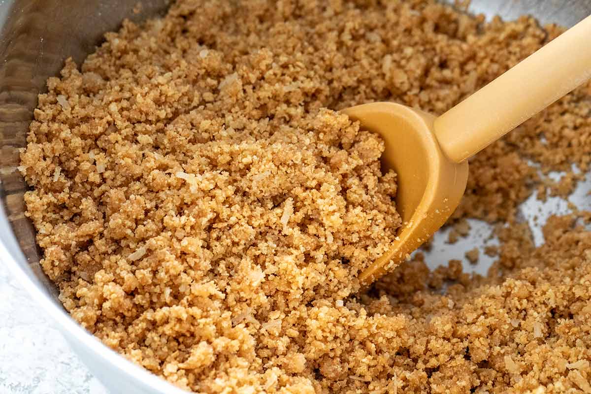 Bowl of graham cracker crumb for a a key lime pie crust.