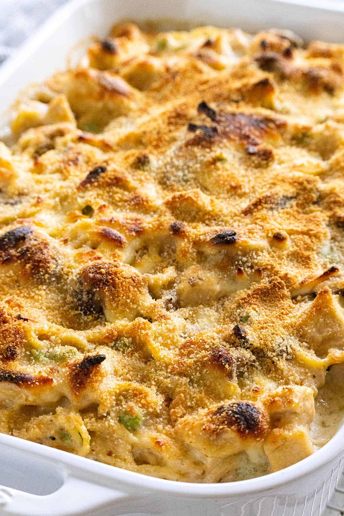 Baked turkey tetrazzini in a casserole dish.