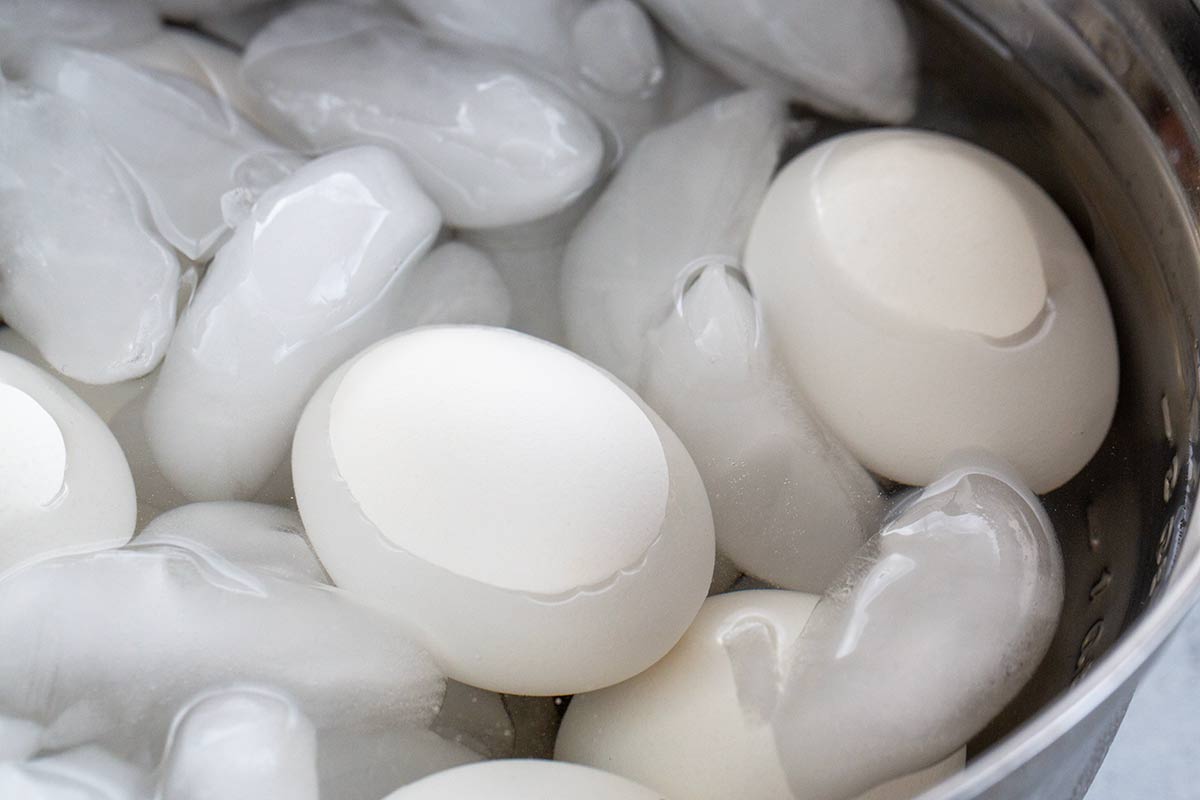 Hard boiled eggs chilling in a bowl with cubes of ice.