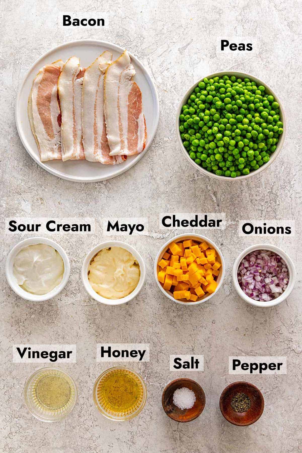 Ingredients necessary for this pea salad recipe.
