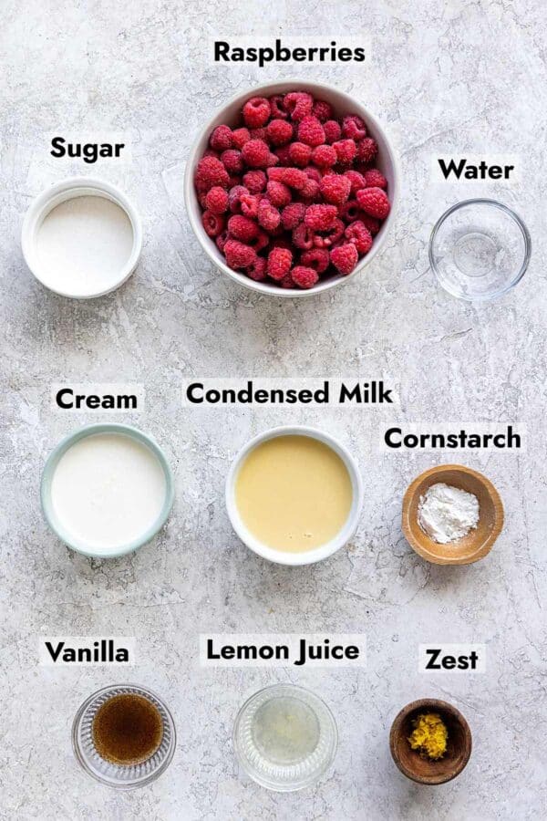 Ingredients needed to make this raspberry ice cream recipe.