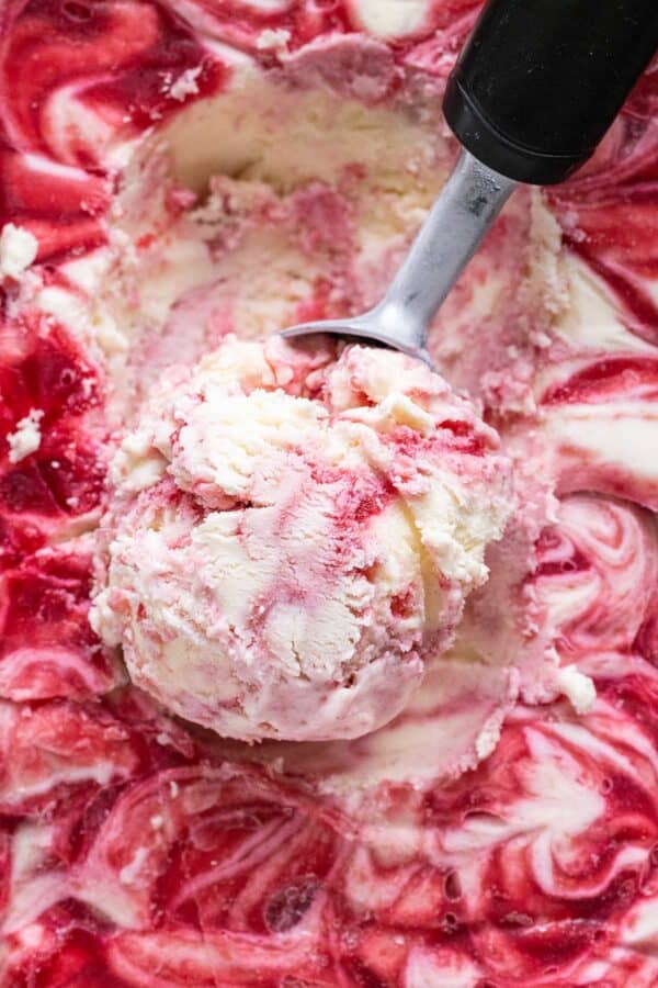 Homemade raspberry swirl ice cream.