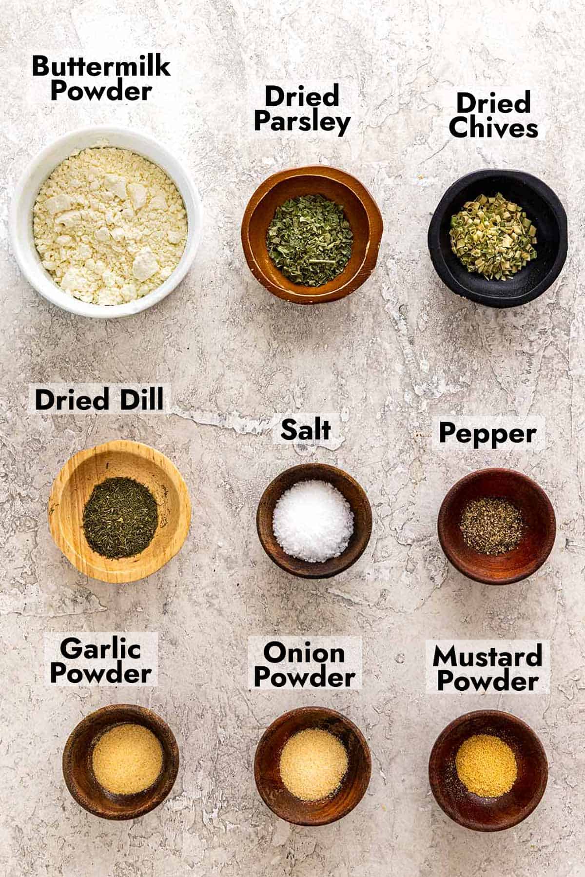 Ingredients needed to make this ranch seasoning recipe.
