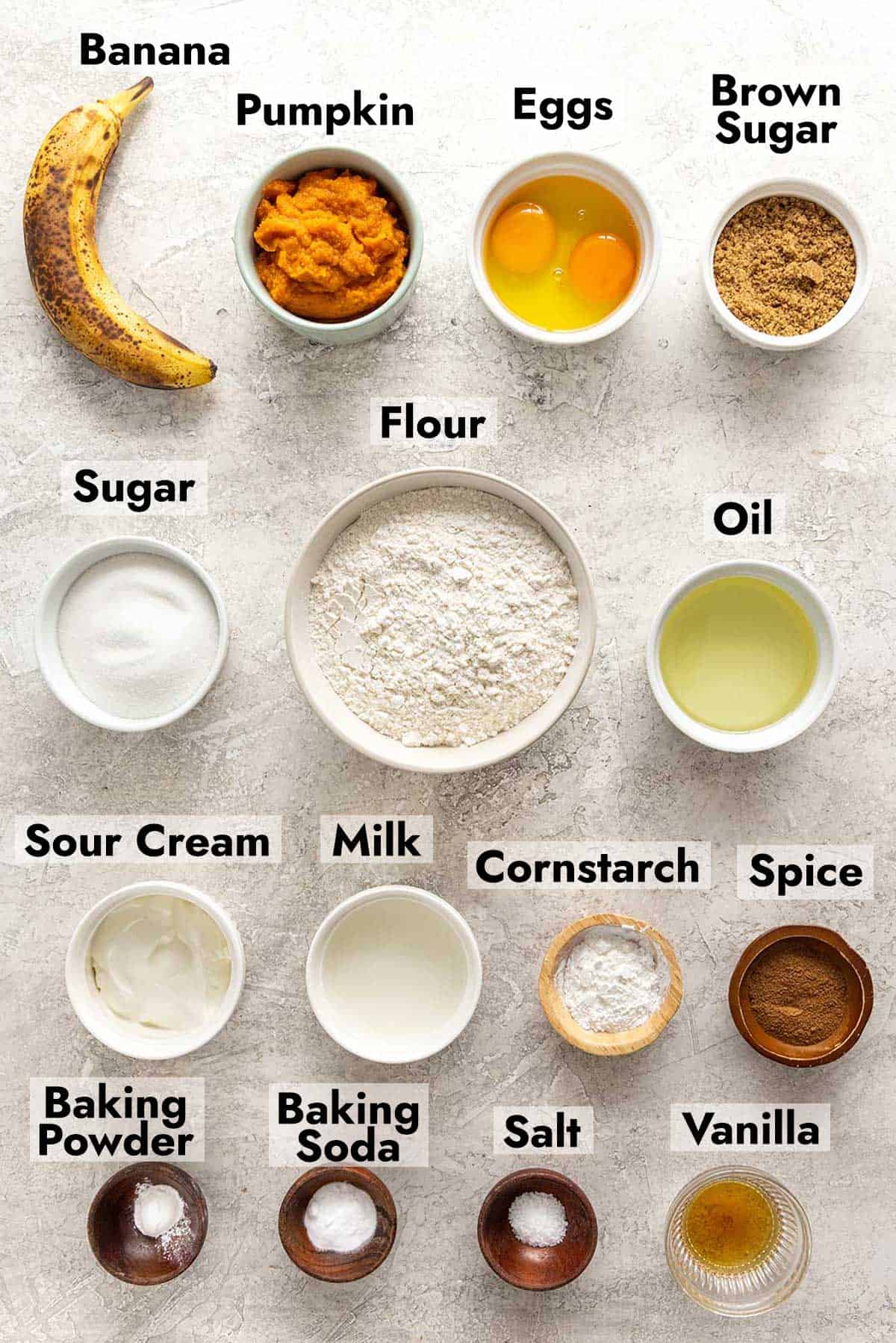 Ingredients needed to make this pumpkin banana bread recipe.