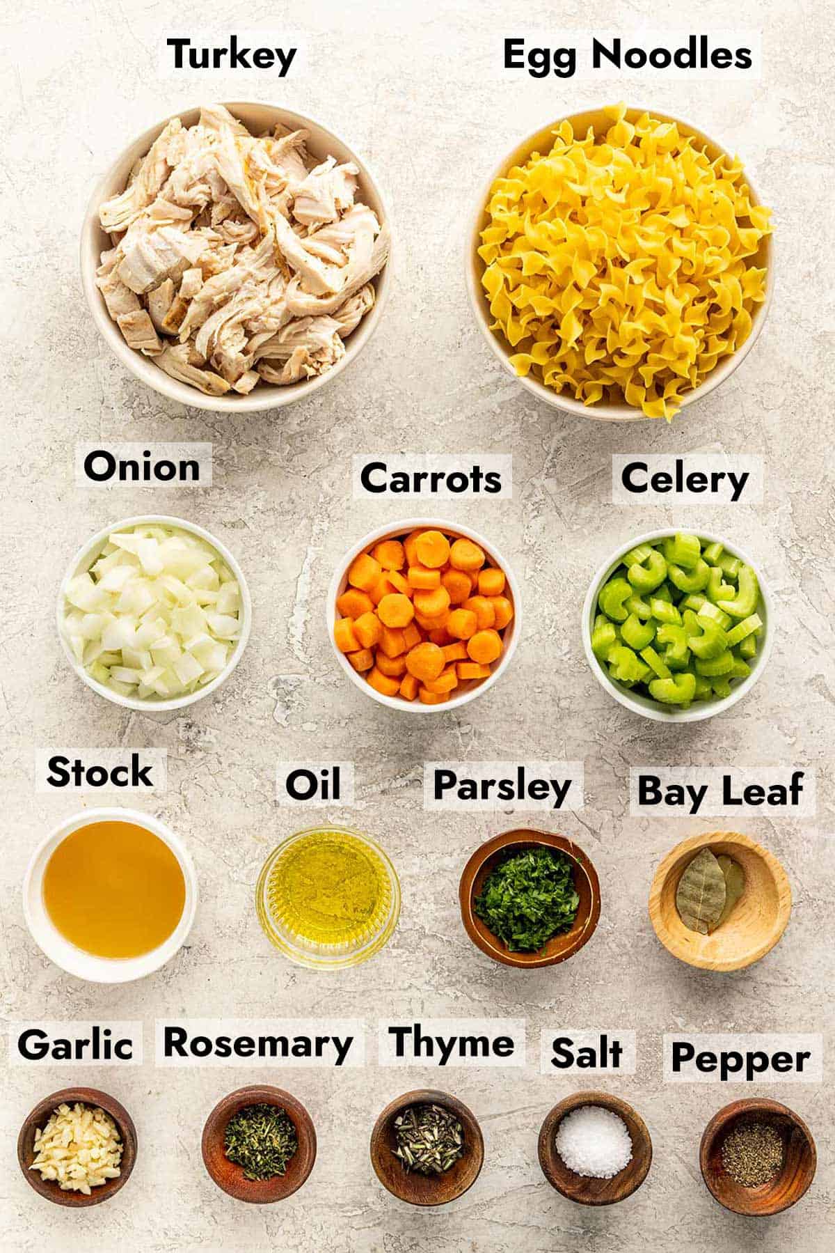 Ingredients needed to make this turkey noodle soup recipe.