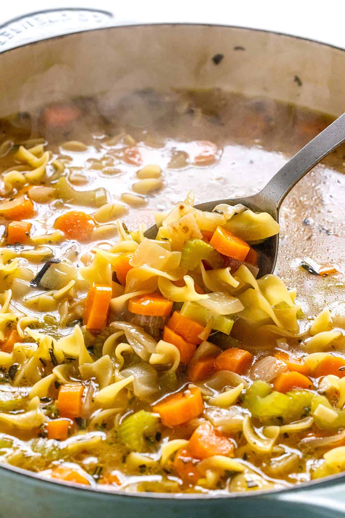 Egg noodles and vegetables in a pot of chicken stock.