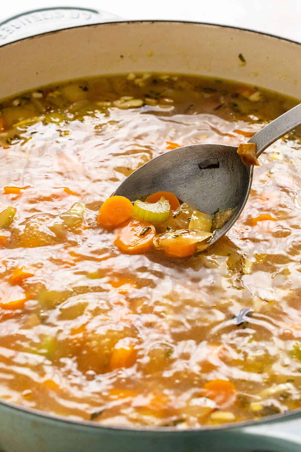 Simmering pot of vegetables and chicken stock.