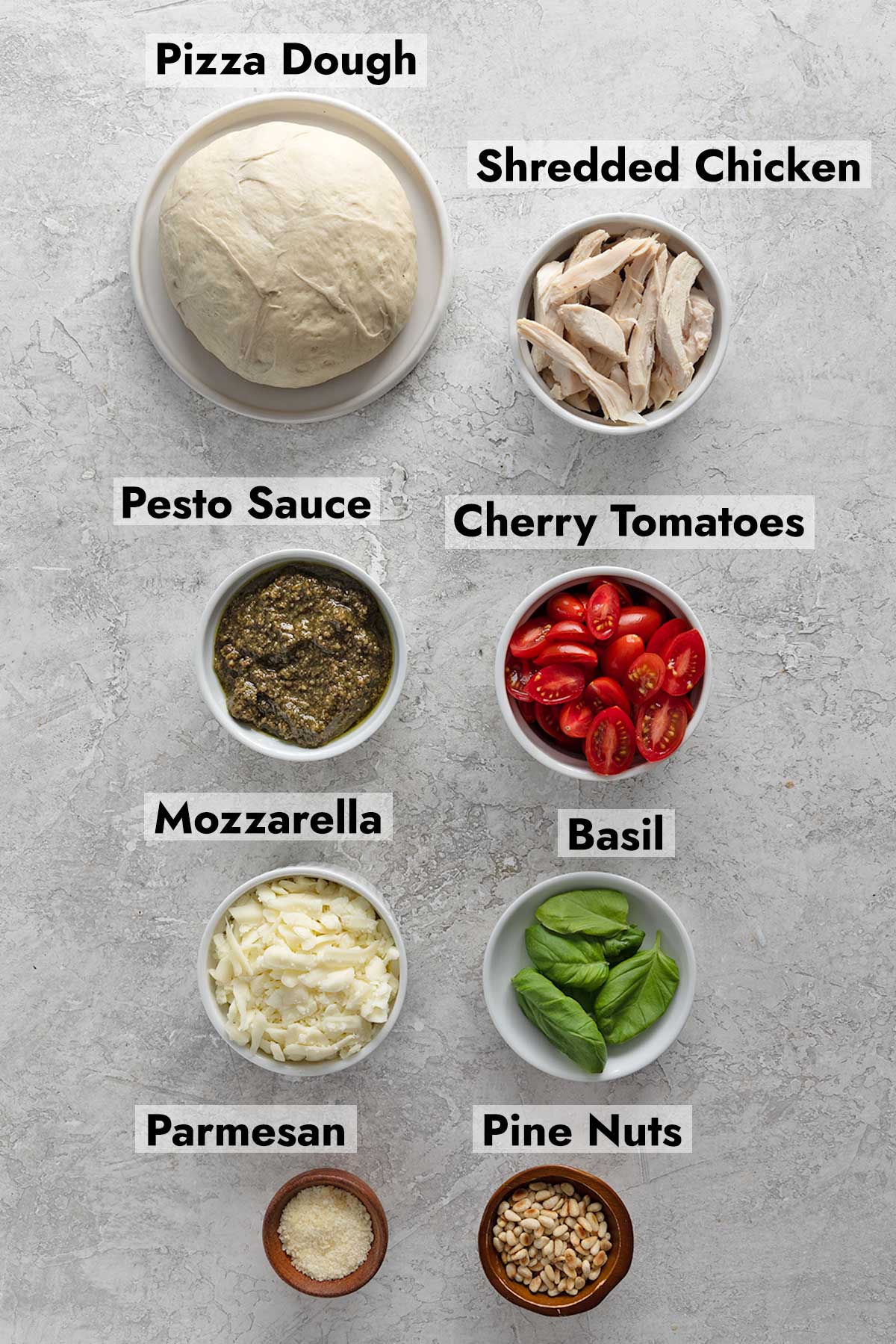 Ingredients needed to make this chicken pesto pizza recipe.