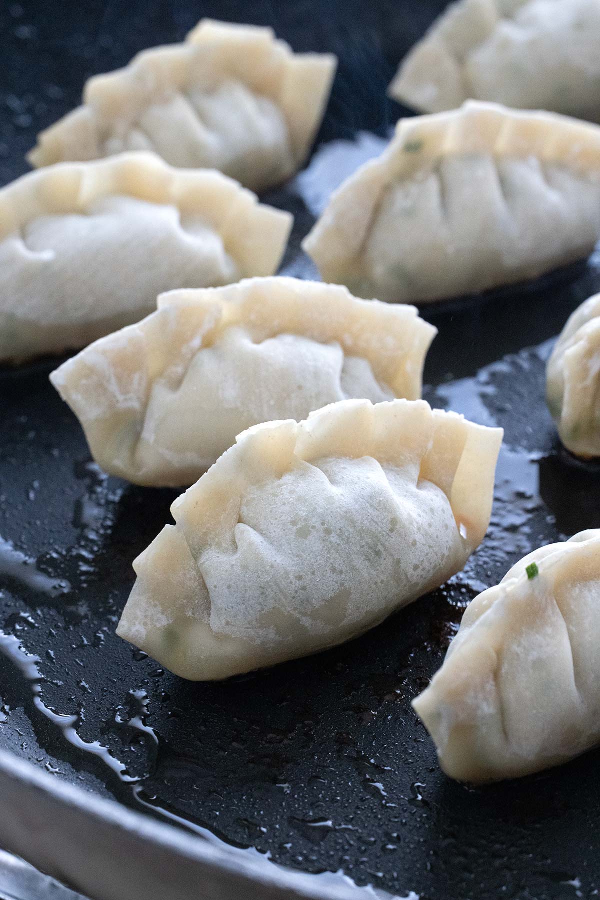 Pleated dumplings in a frying pan.