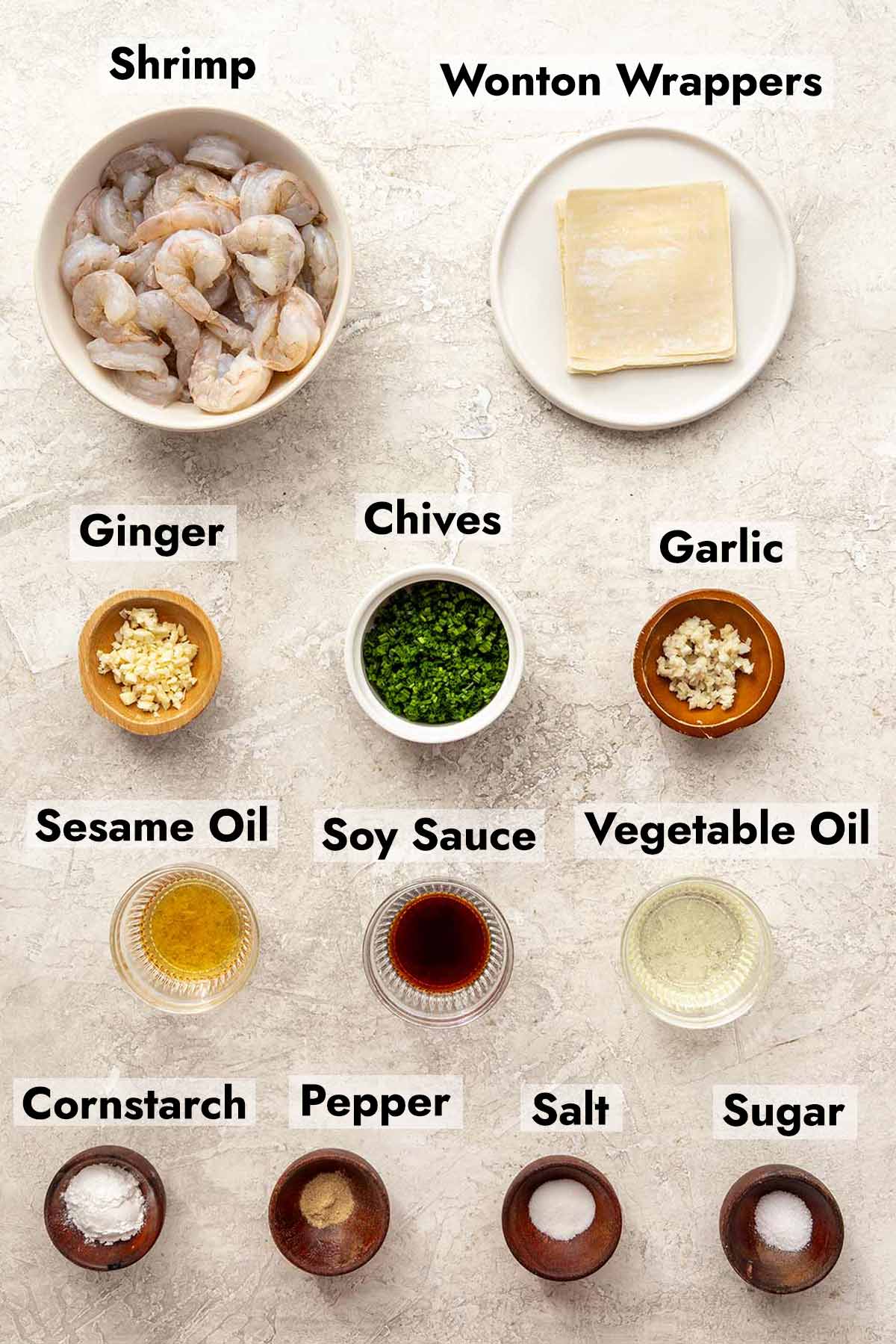 Ingredients needed to make this shrimp dumpling recipe.