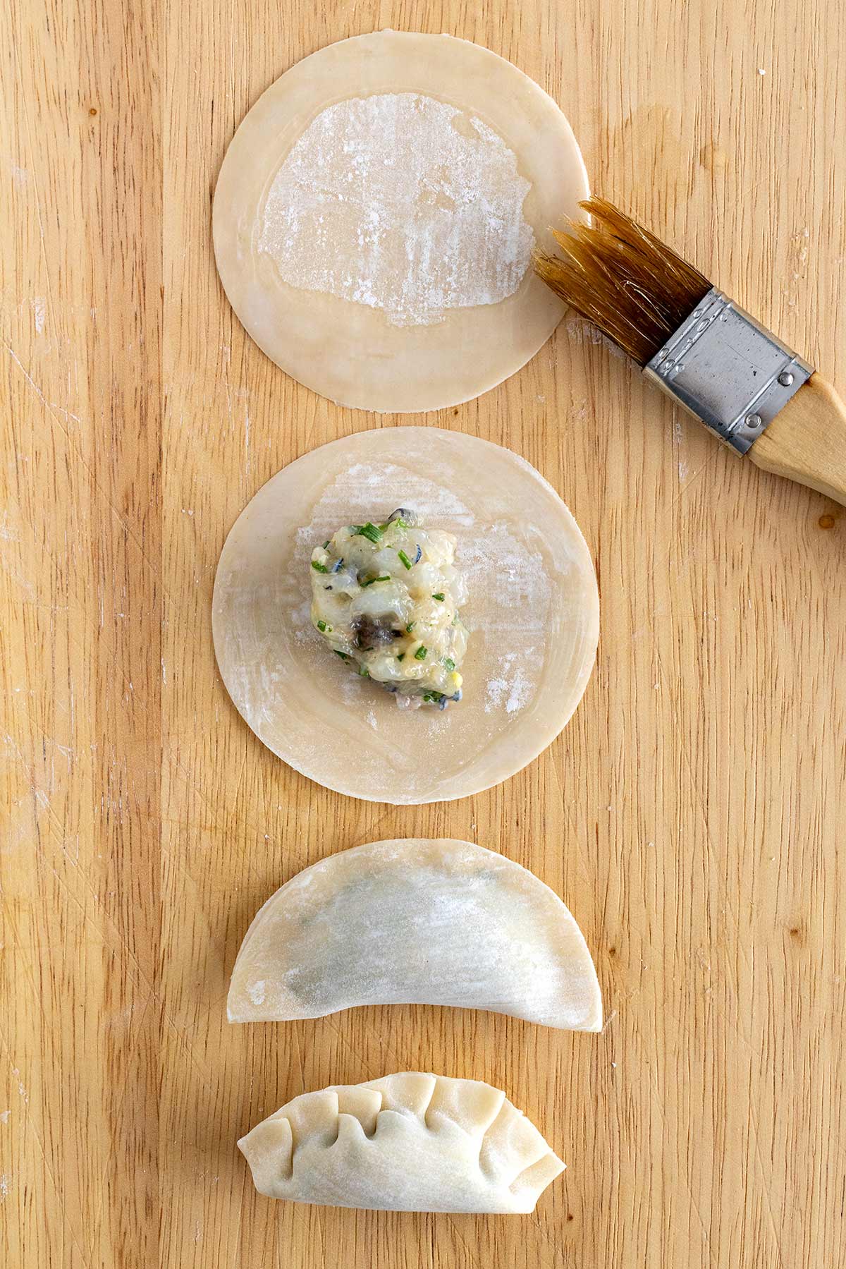 Step by step process showing how to make shrimp dumplings.