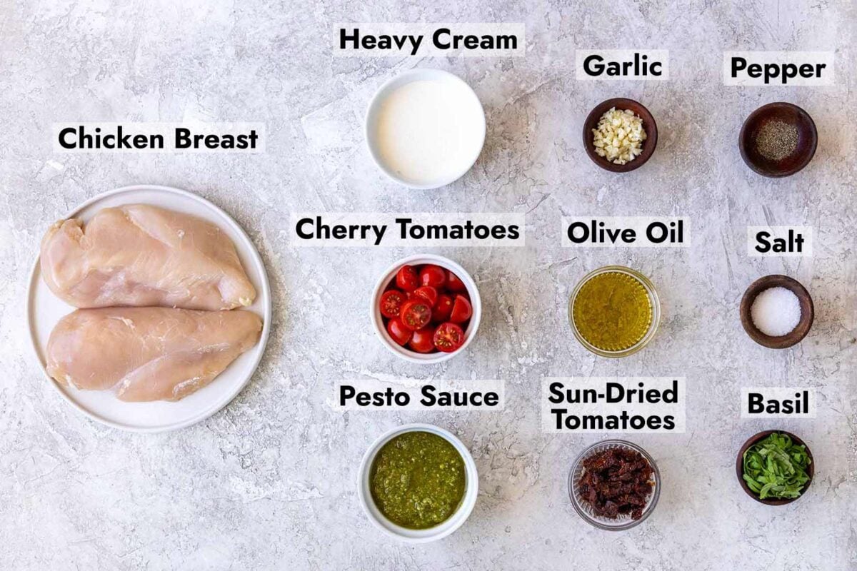 Ingredients needed to make this creamy pesto chicken recipe at home.