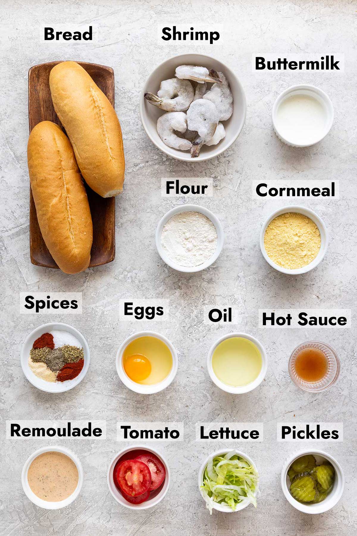 List of ingredients needed to make this shrimp po boy recipe.