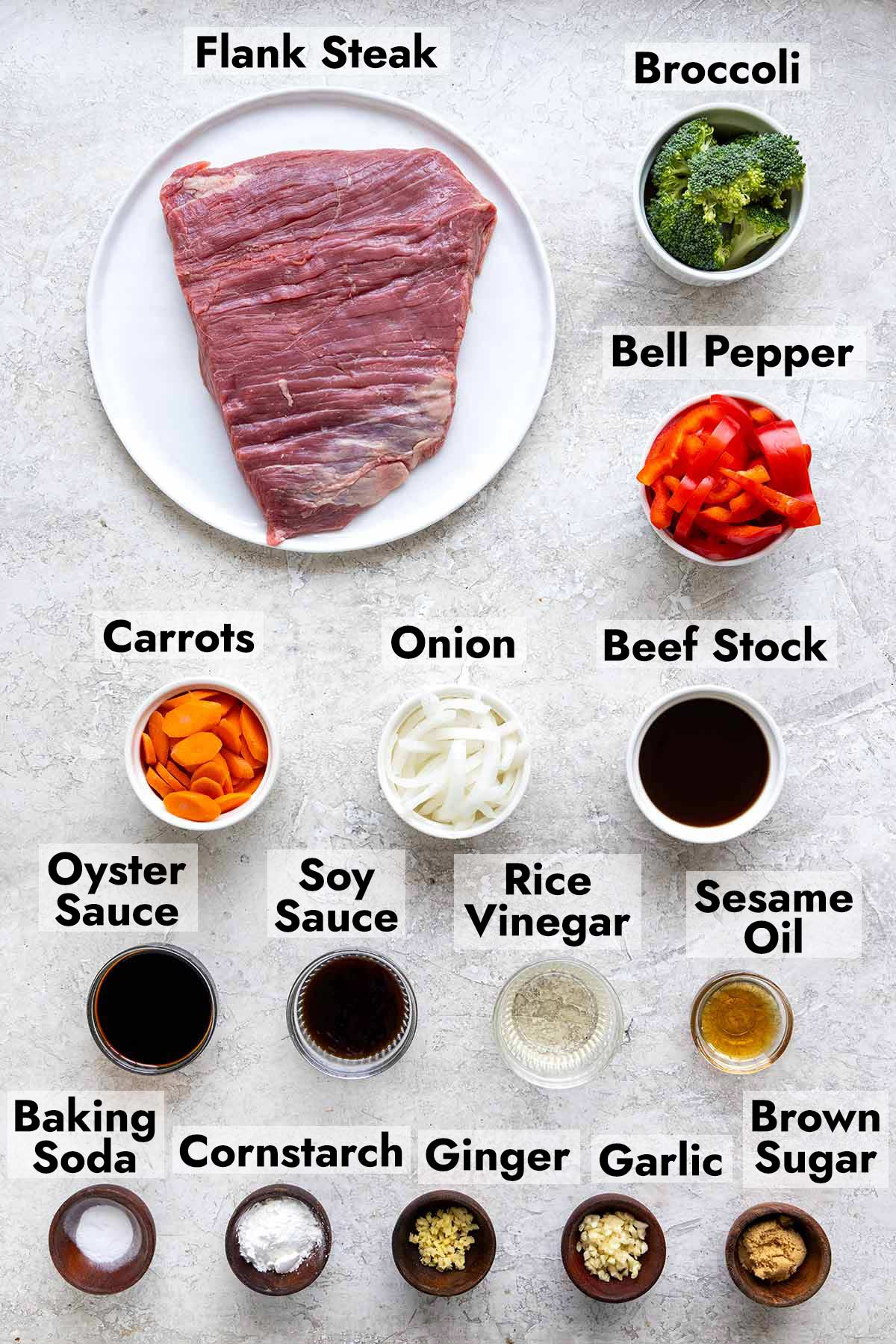 Ingredients needed to make this beef stir fry recipe at home.
