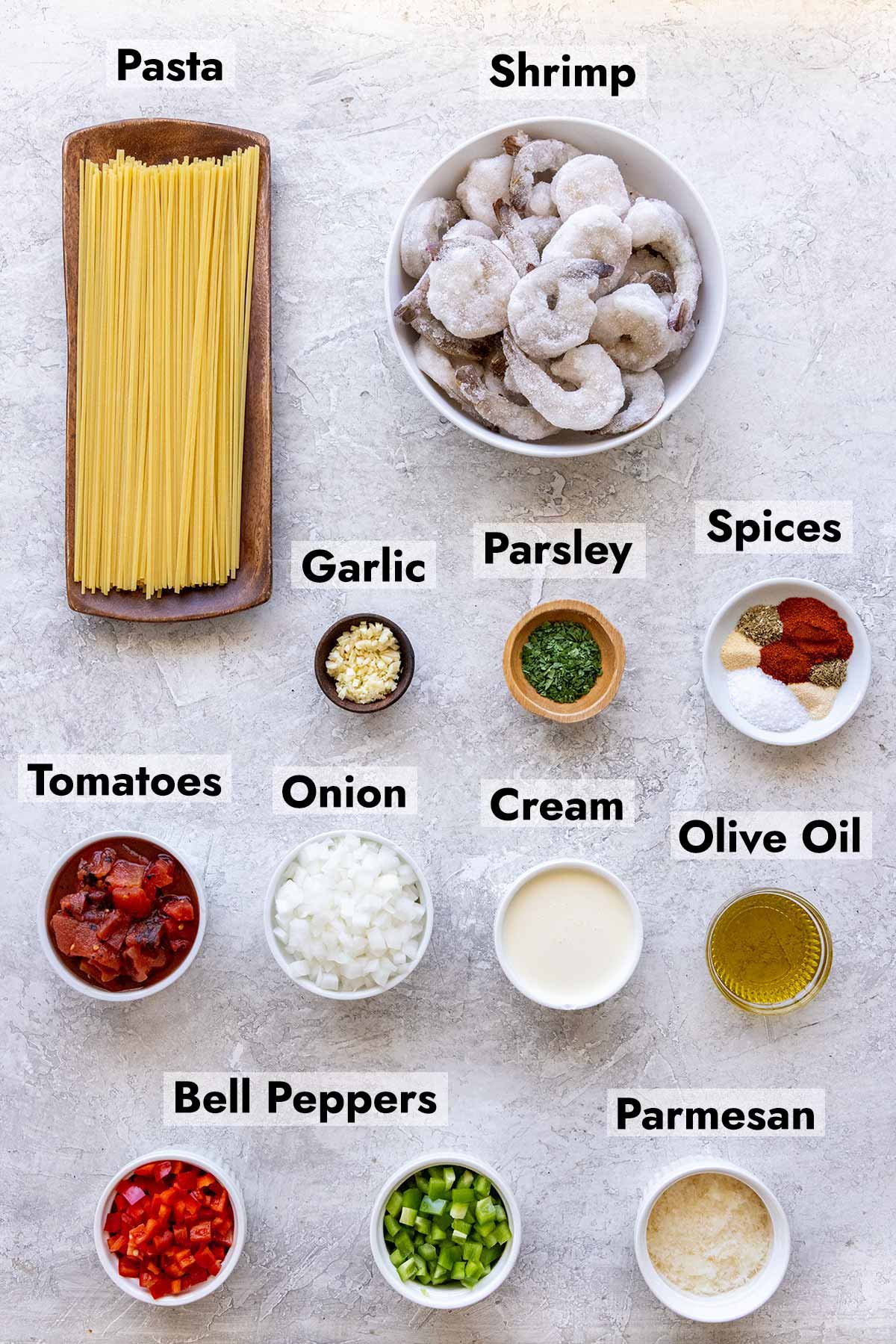Ingredients needed to make this creamy Cajun shrimp pasta recipe at home.