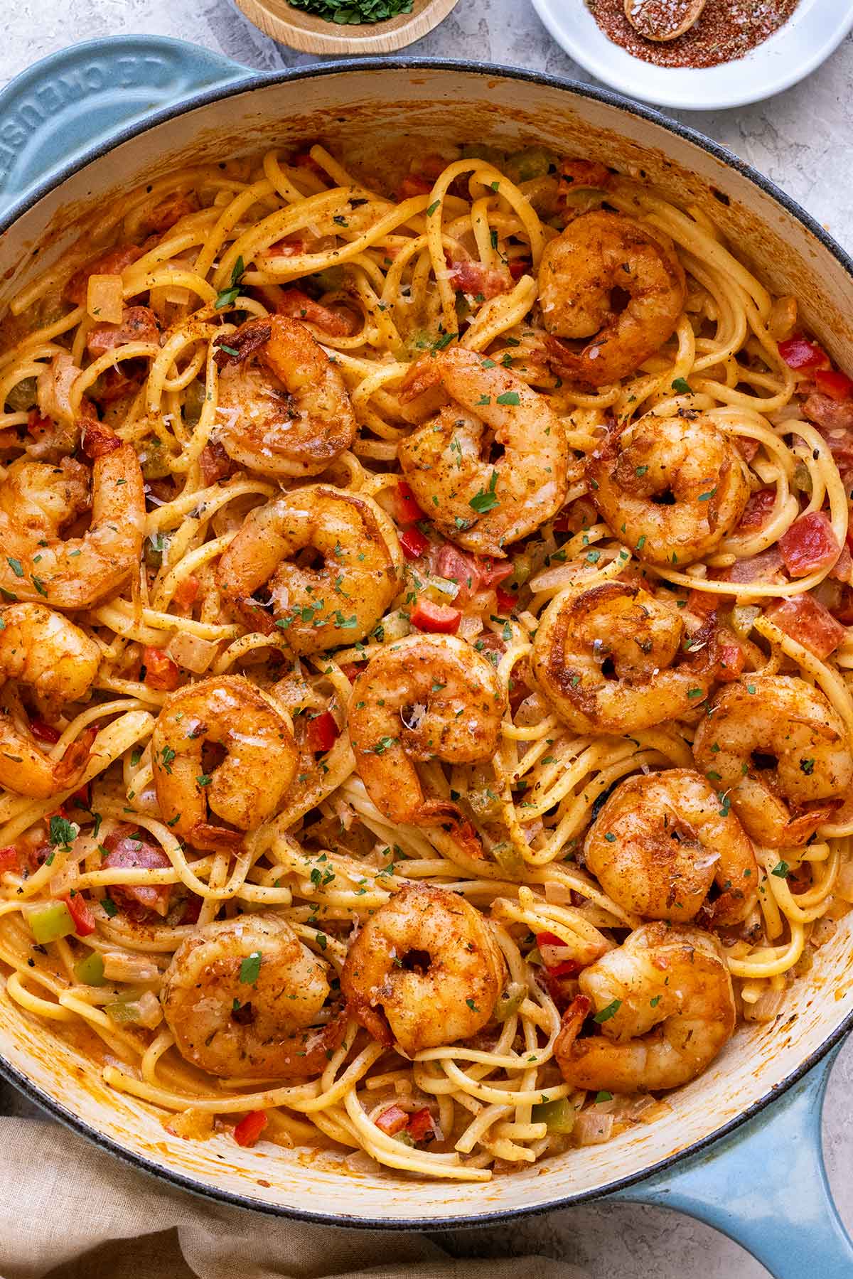 Delicious Cajun shrimp pasta in a large skillet.