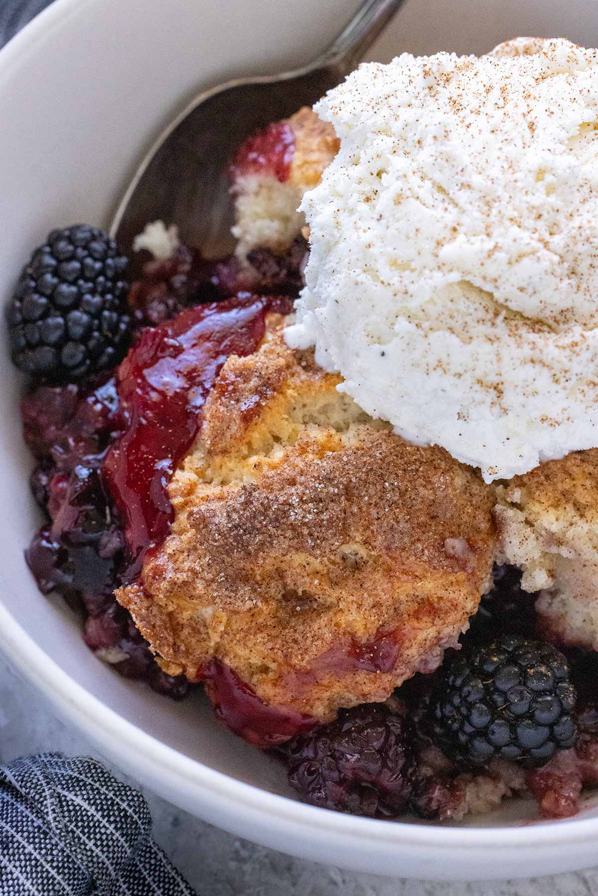 Serving of blackberry cobbler and a scoop of vanilla ice cream in a bowl.