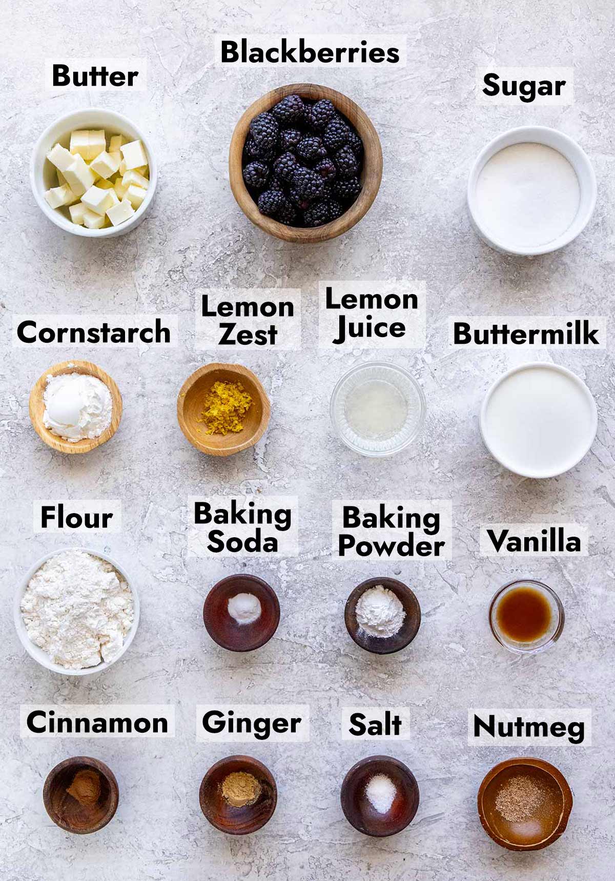 Ingredients needed to make this blackberry cobbler recipe at home.