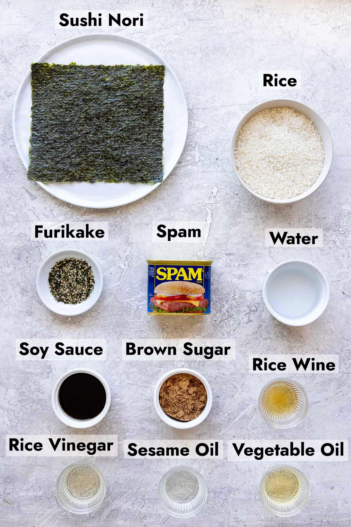 Ingredients needed to make this spam musubi recipe at home.