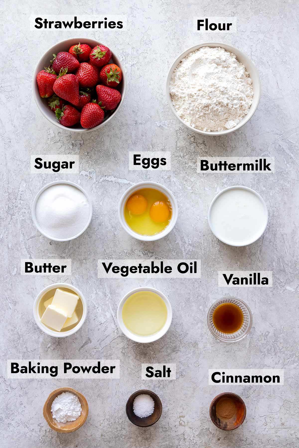 List of ingredients needed to make this strawberry muffin recipe.