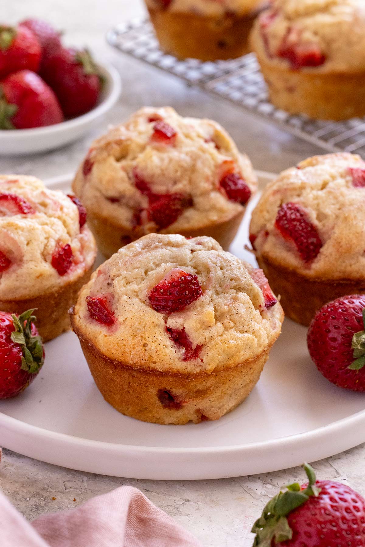Strawberry muffins made with fresh strawberries.