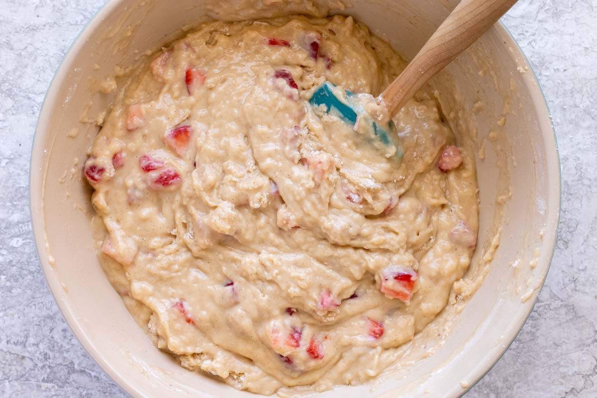 Bowl of strawberry muffin batter.