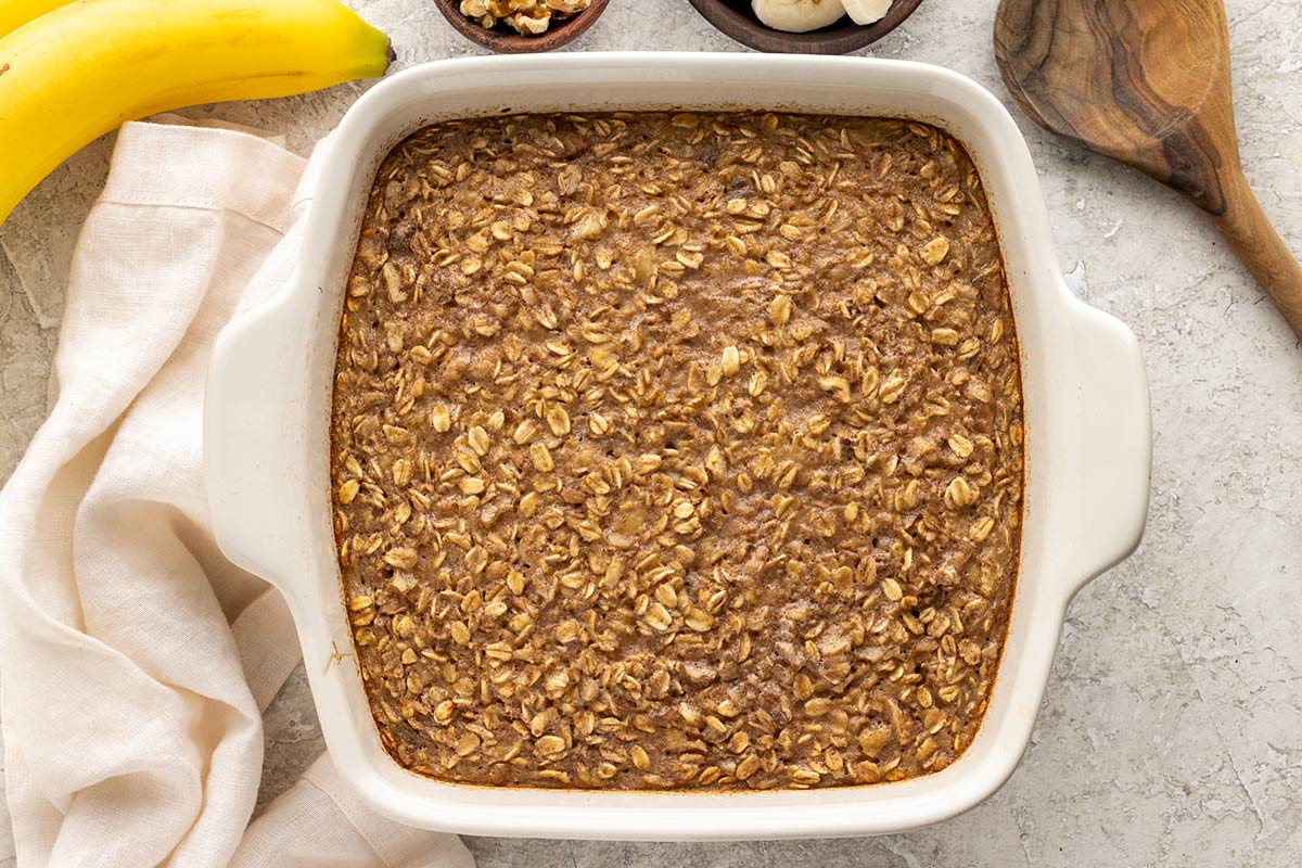 Baked oatmeal in a white dish.