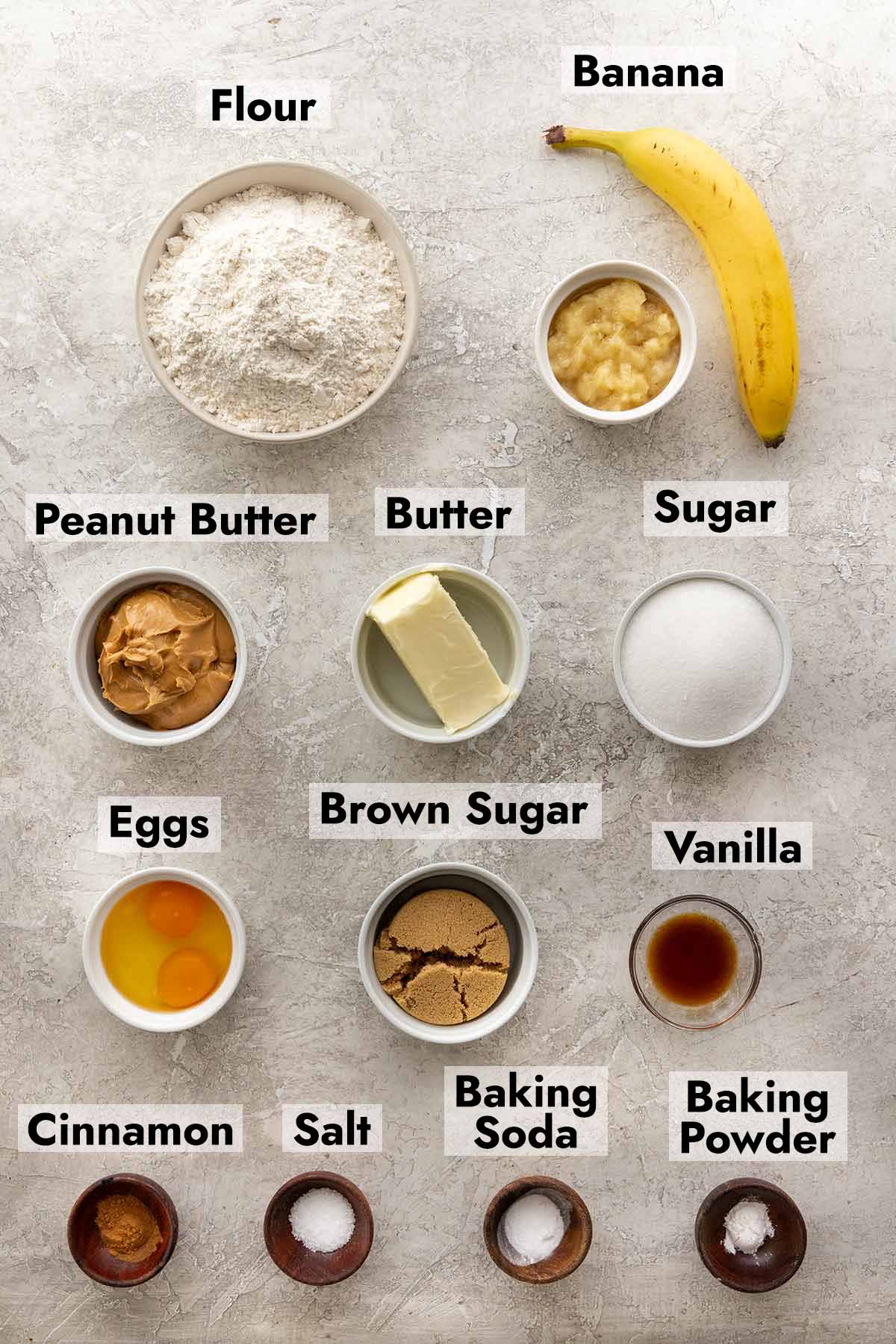 Ingredients needed to make these peanut butter and banana cookies recipe at home.