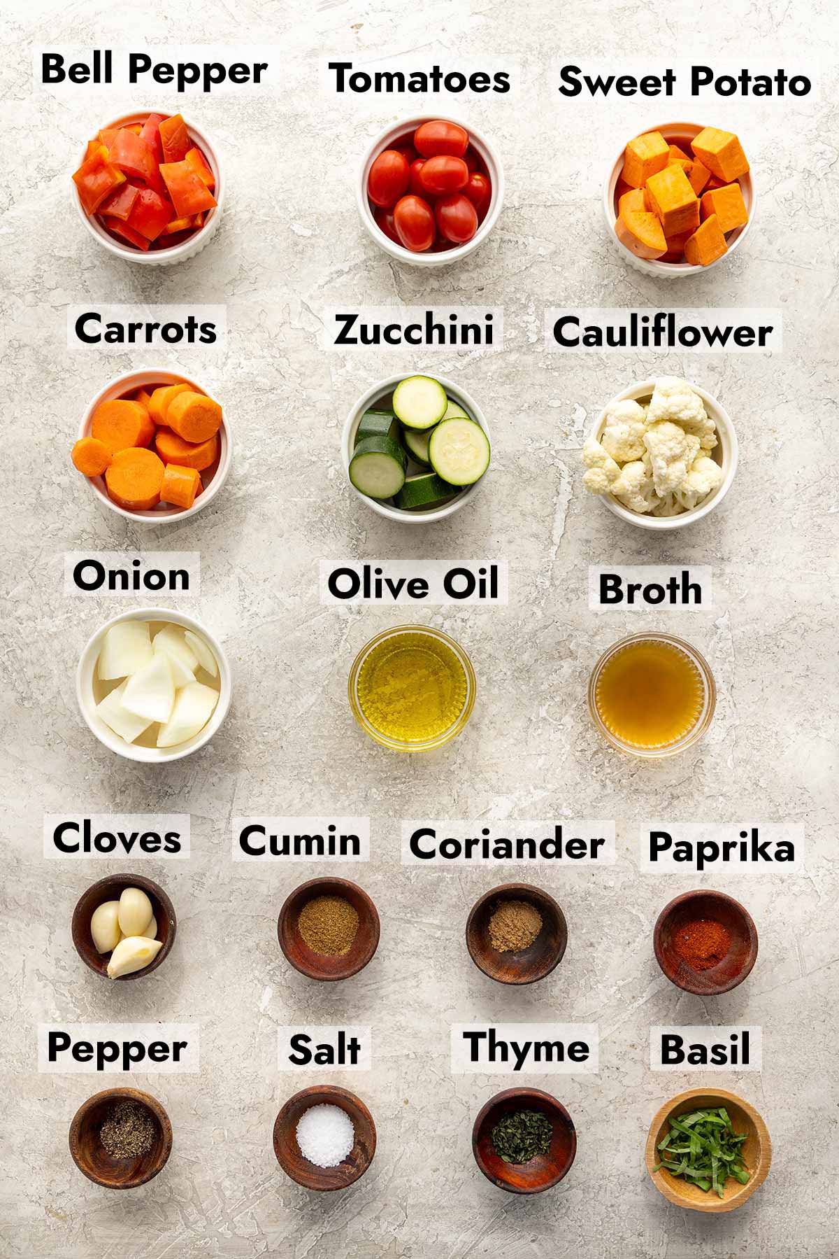 List of ingredients to make this roasted vegetable soup recipe at home.