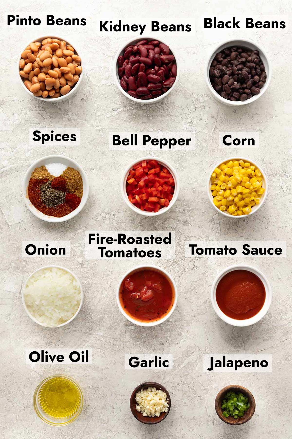 List of ingredients needed to make this slow cooker vegetarian chili recipe at home.