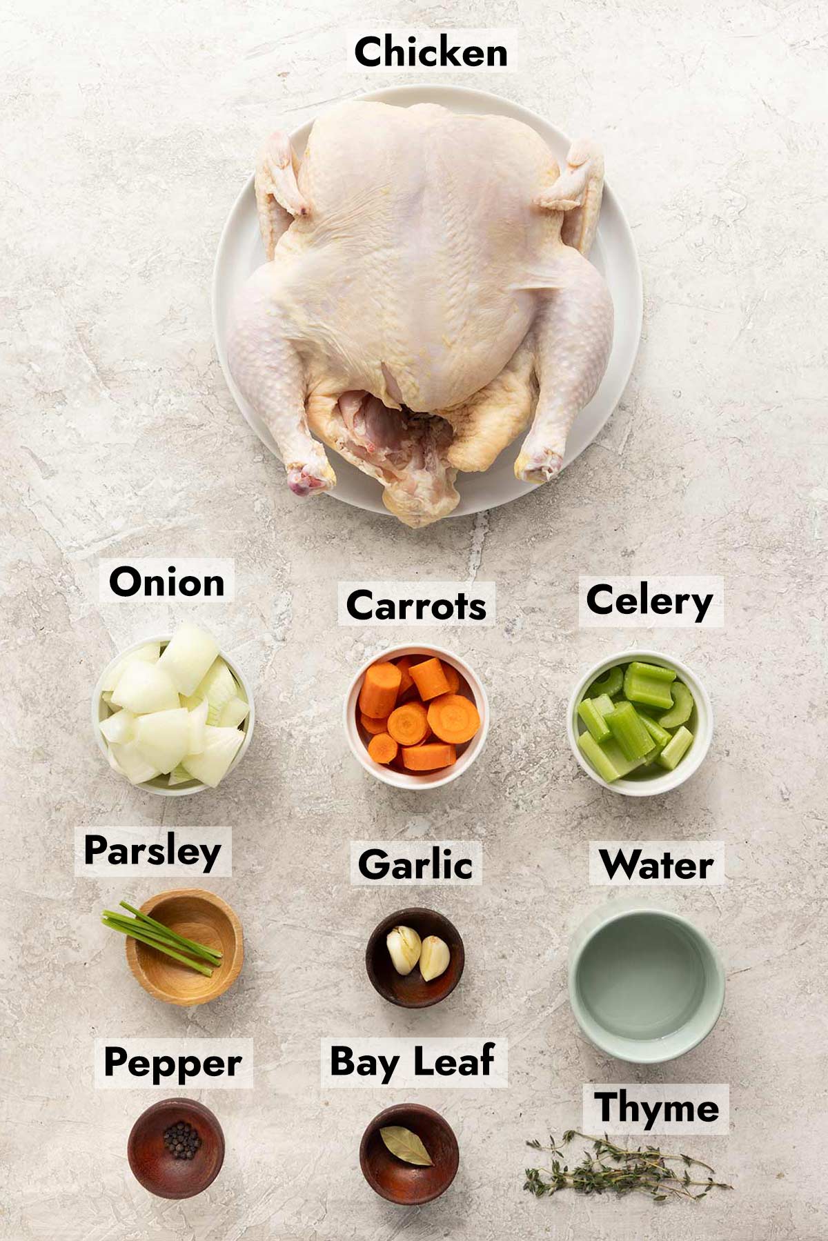 List of ingredients to make this chicken broth recipe at home.