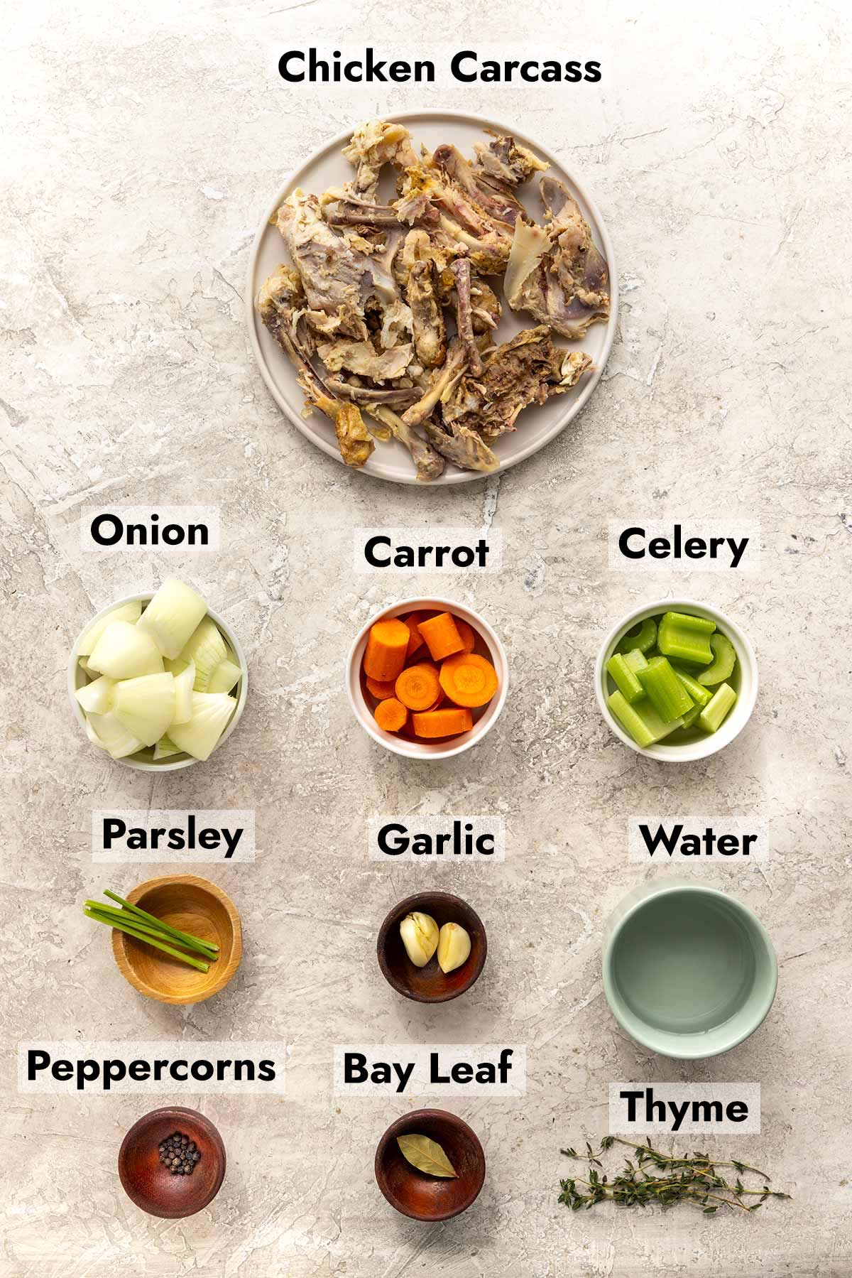 Ingredients needed to make this chicken stock recipe at home.