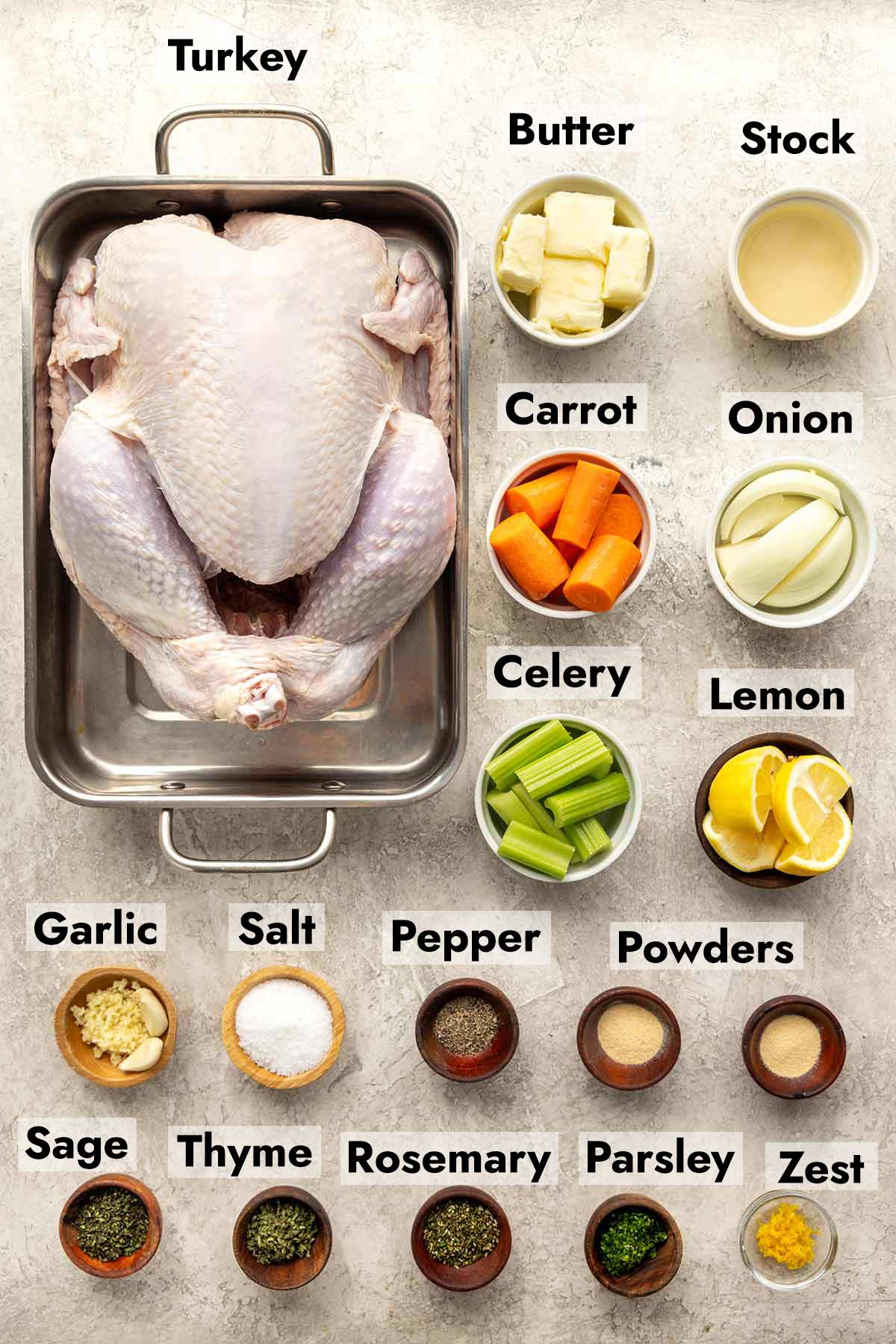 Ingredients needed to make this herb roasted turkey recipe at home.