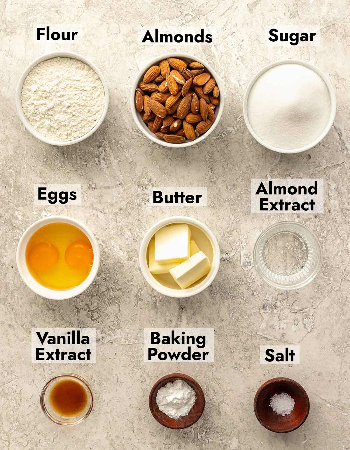 List of ingredients needed to make this almond biscotti recipe at home.