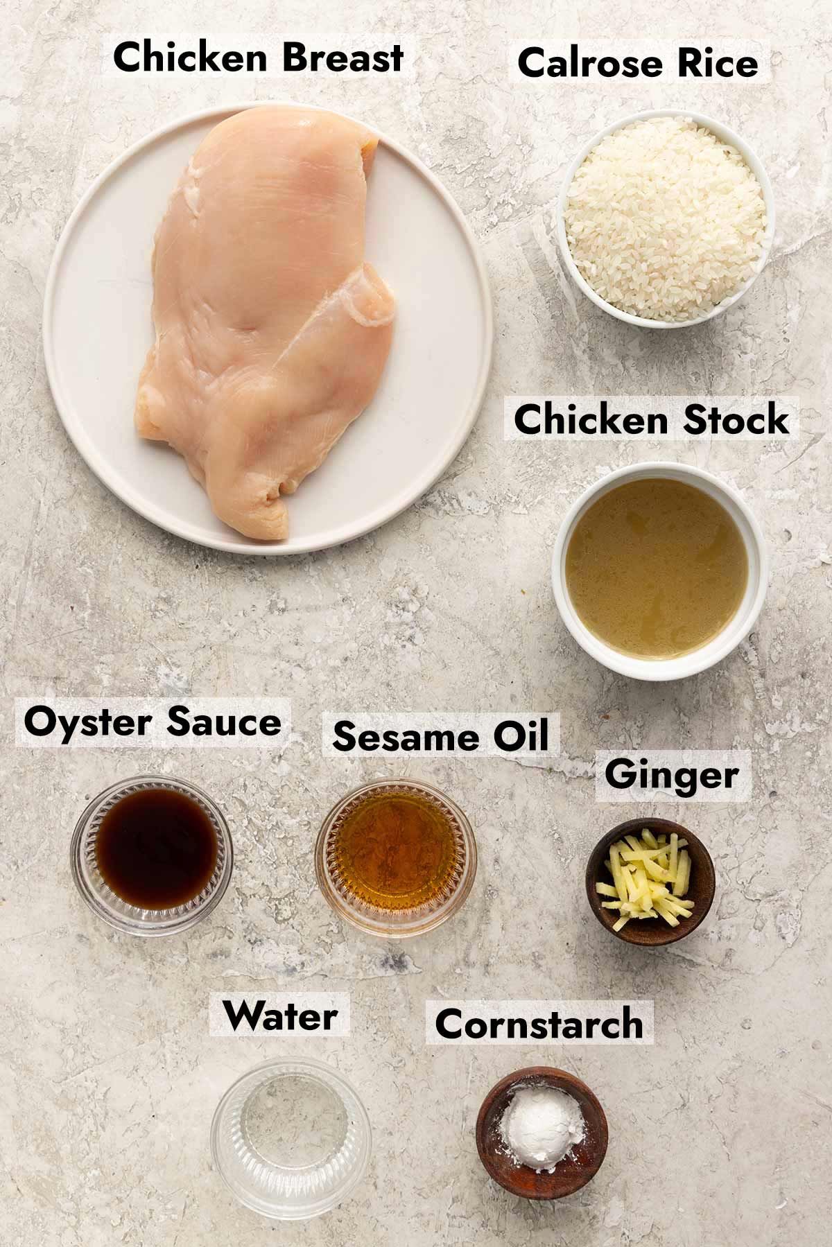 List of ingredients to make this chicken congee recipe at home.