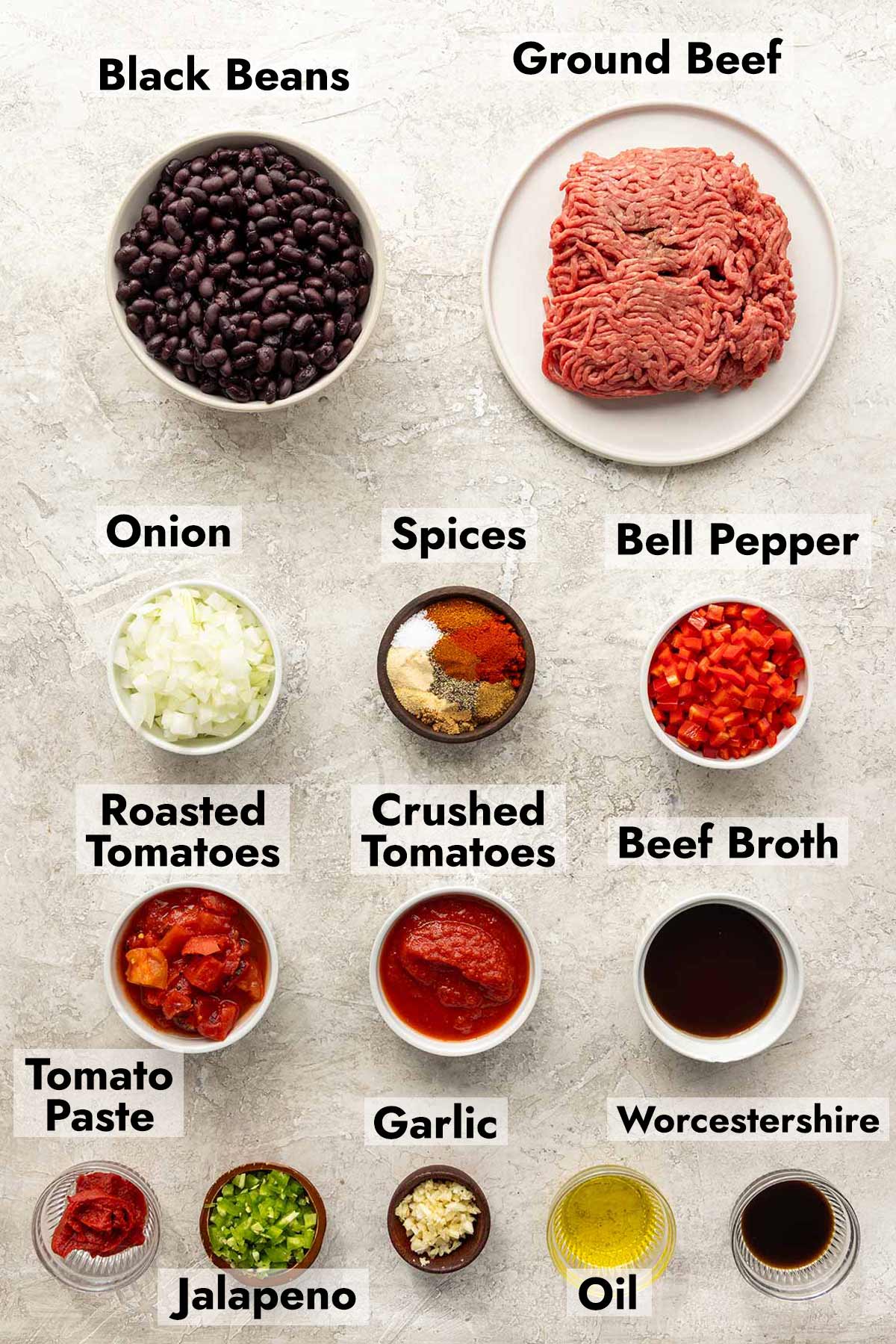 List of ingredients with labels needed to make this black bean chili recipe at home.